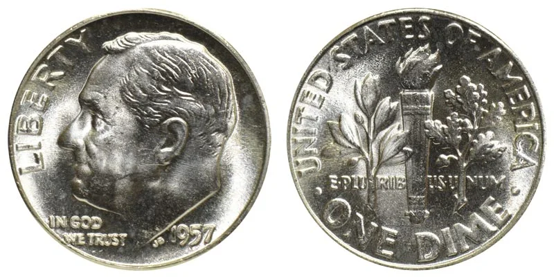 1957 Roosevelt silver dime obverse and reverse, uncirculated Philadelphia mint example