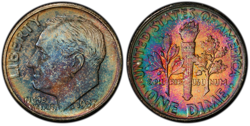 1957 Roosevelt dime reverse torch comparison showing weak bands vs Full Bands designation detail