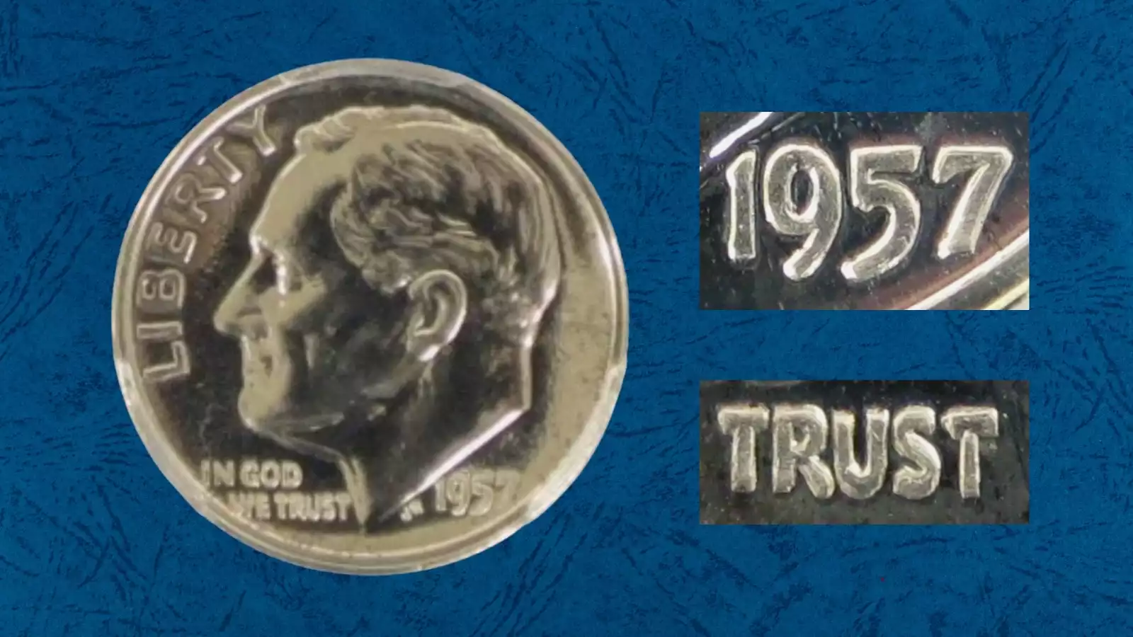 1957 Proof Roosevelt dime FS-101 Doubled Die Obverse showing doubling on inscriptions