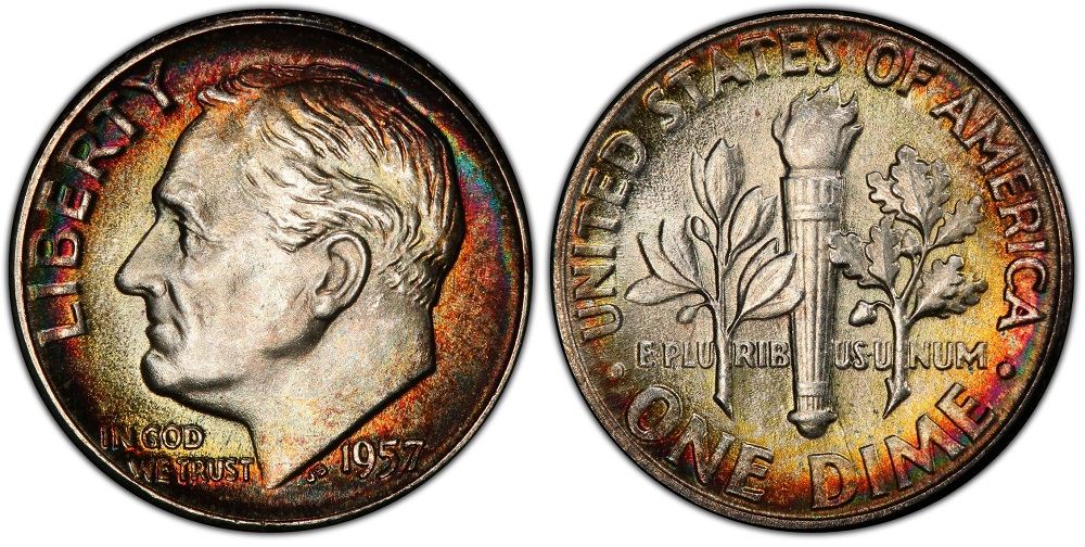 1957 Philadelphia Roosevelt dime reverse torch showing Full Bands designation with separated horizontal band pairs