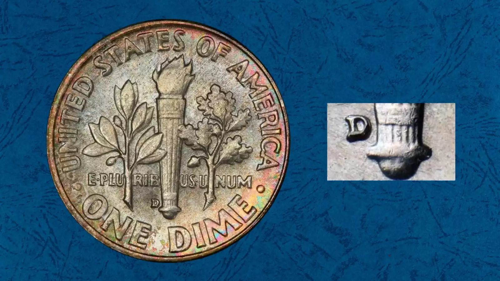 1957-D Roosevelt dime repunched mint mark showing secondary D shadow under magnification