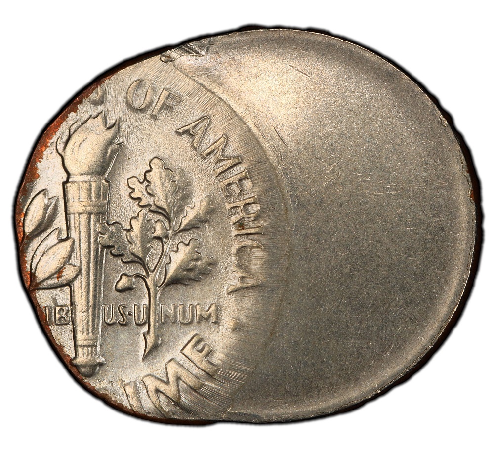 1957 Roosevelt dime off-center strike error showing partial design with date still visible