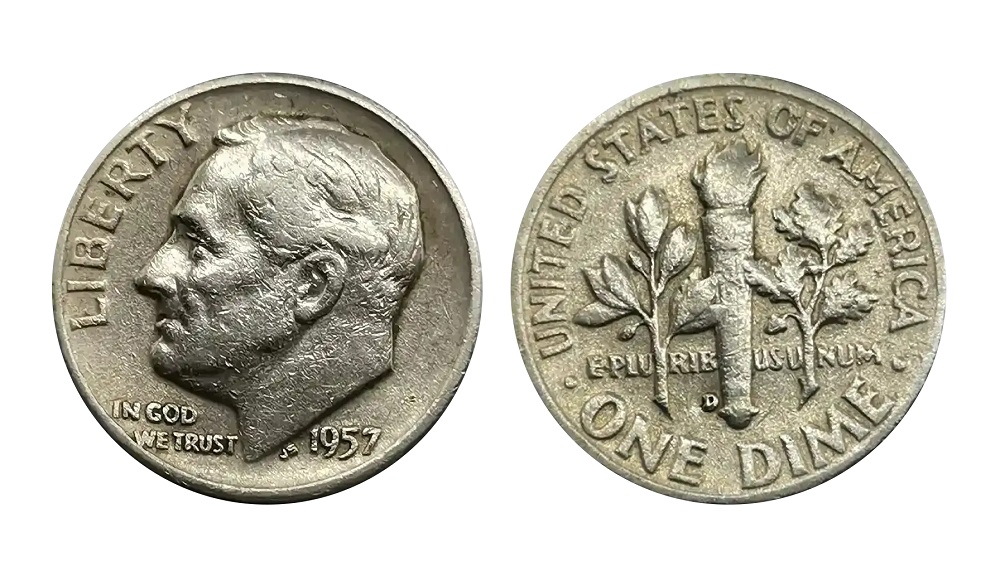 1957 Roosevelt dime grading strip showing four condition tiers from Worn through Gem Uncirculated